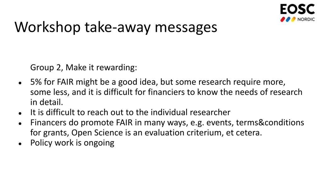 workshop take away messages 1