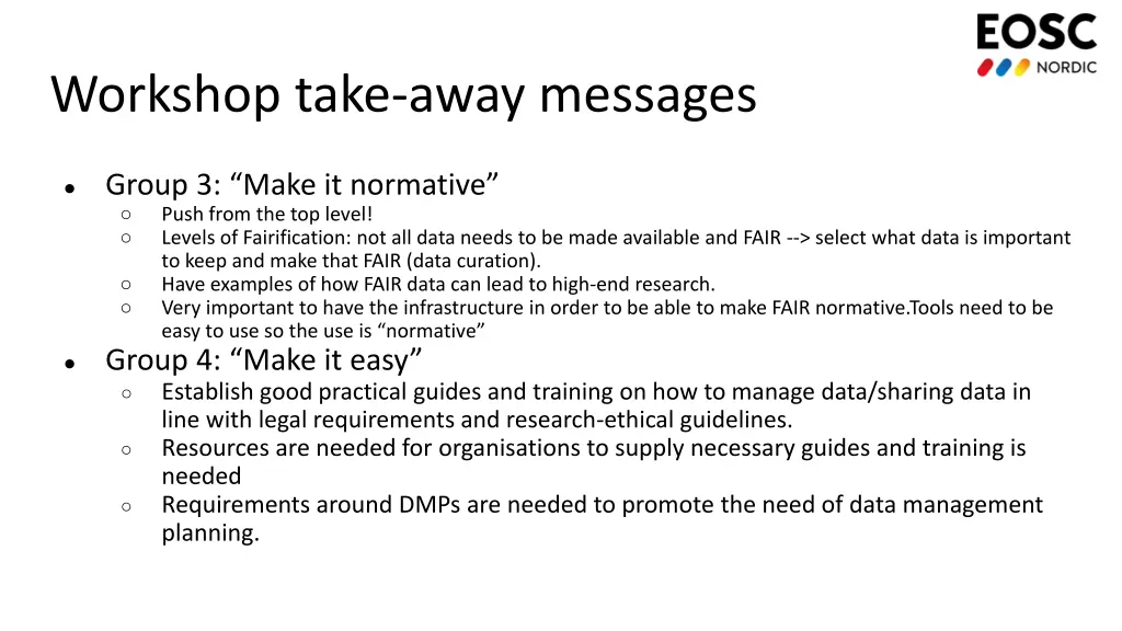 workshop take away messages 2