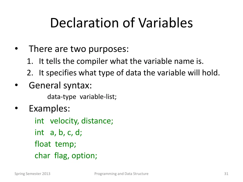 declaration of variables