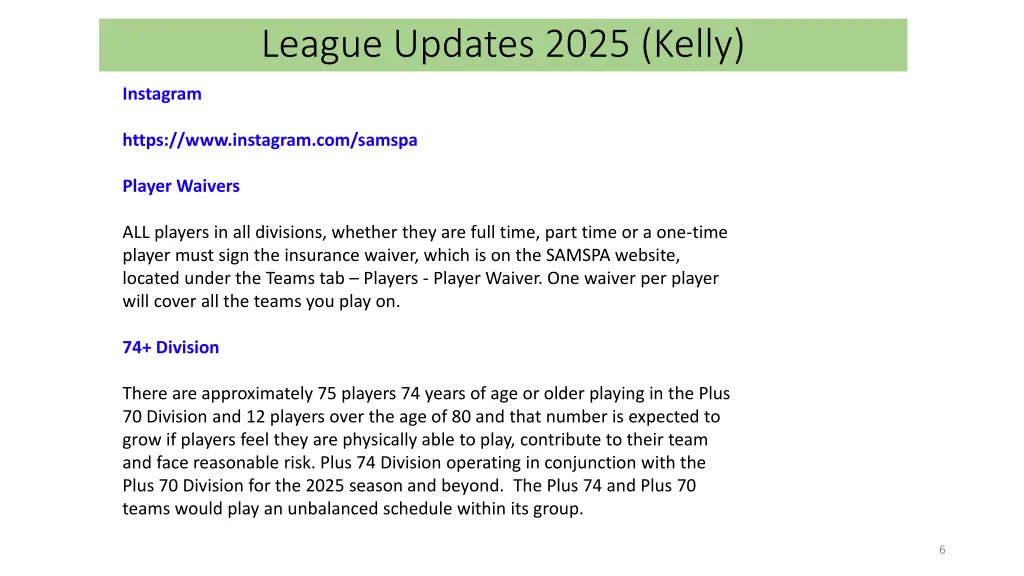 league updates 2025 kelly