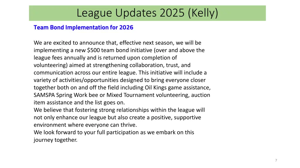 league updates 2025 kelly team bond
