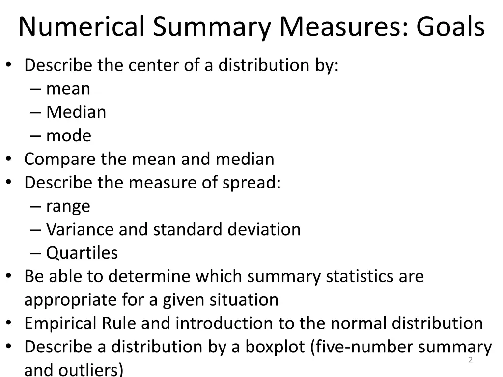numerical summary measures goals describe