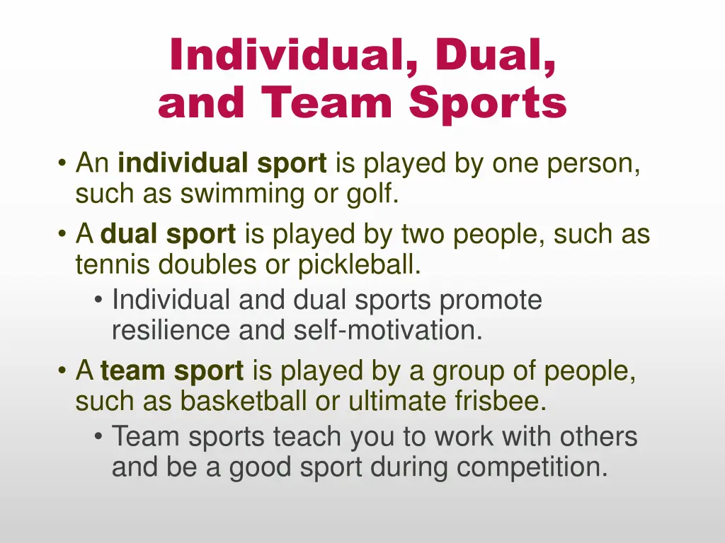 individual dual and team sports
