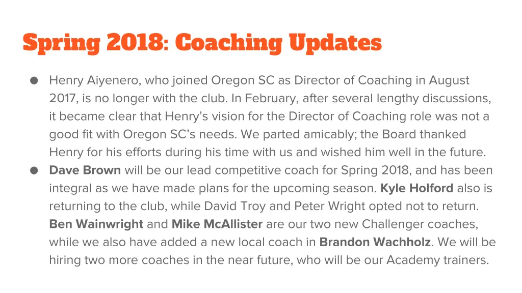 spring 2018 coaching updates
