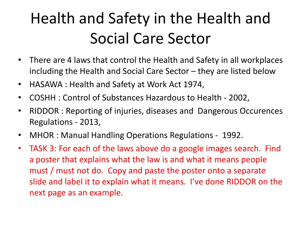 health and safety in the health and social care