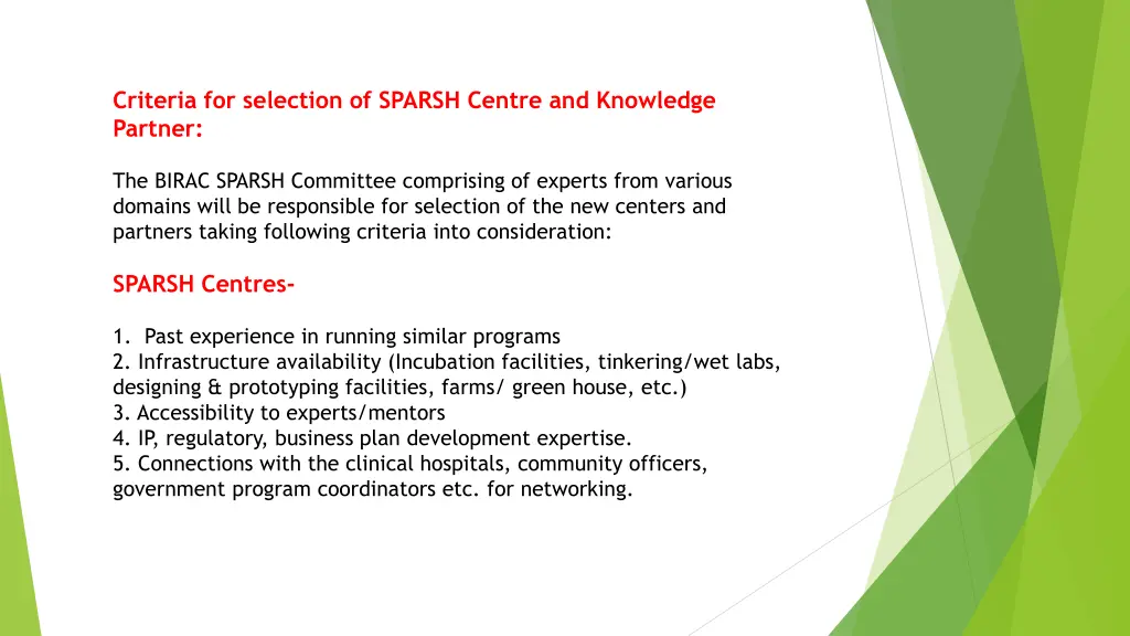 criteria for selection of sparsh centre