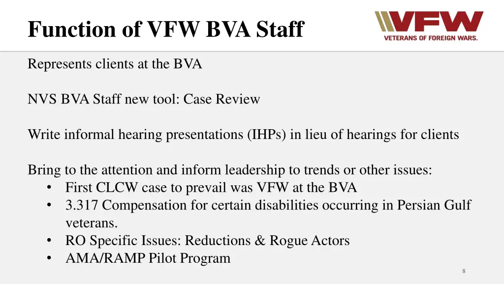 function of vfw bva staff