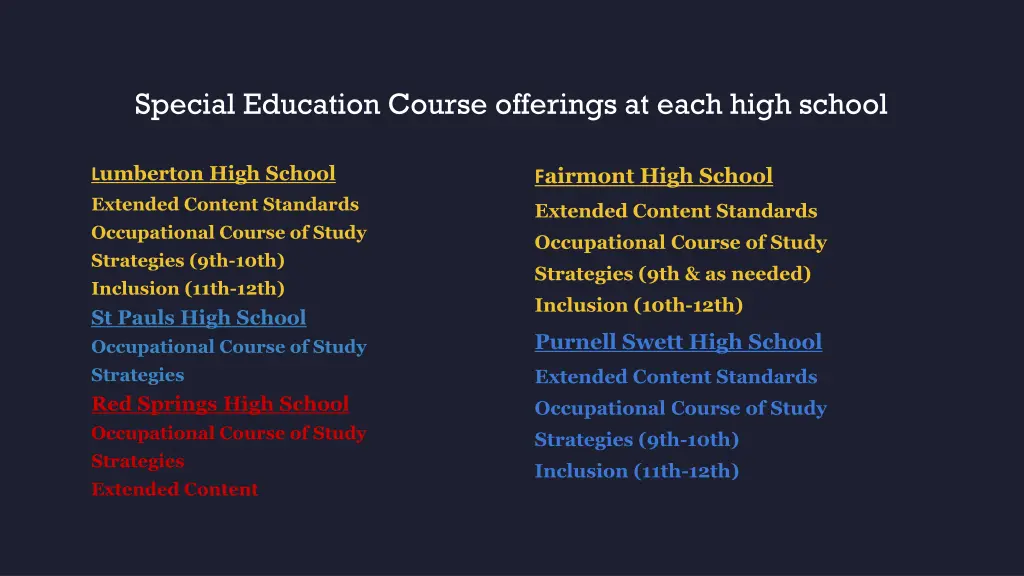 special education course offerings at each high
