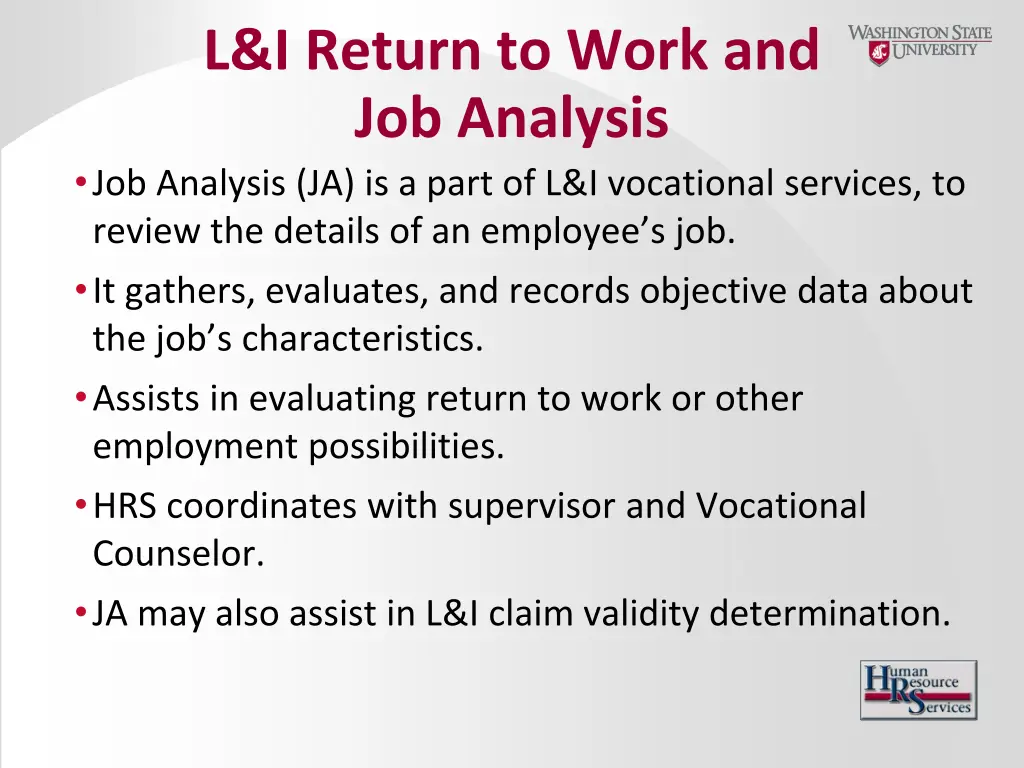 l i return to work and job analysis job analysis