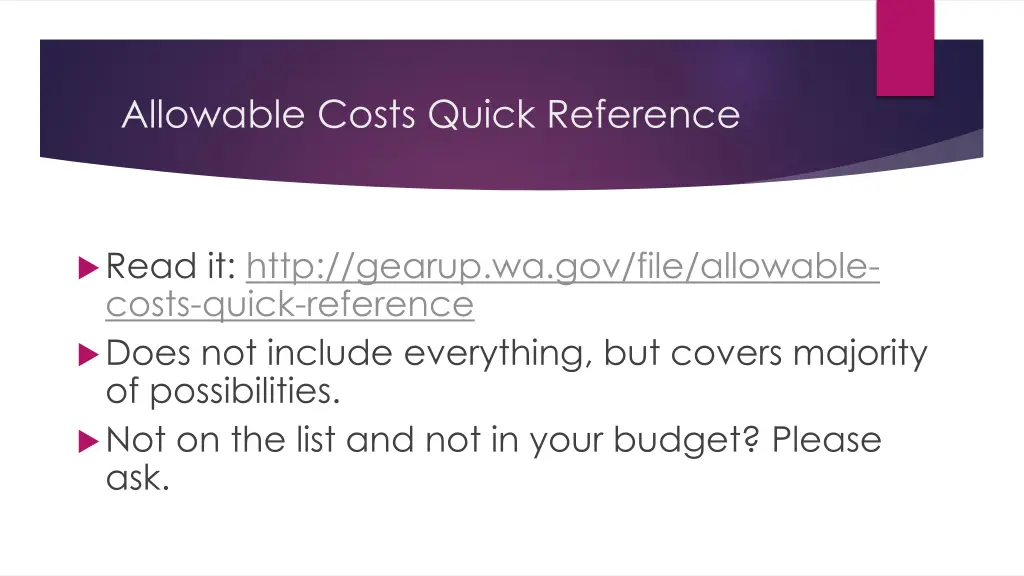 allowable costs quick reference