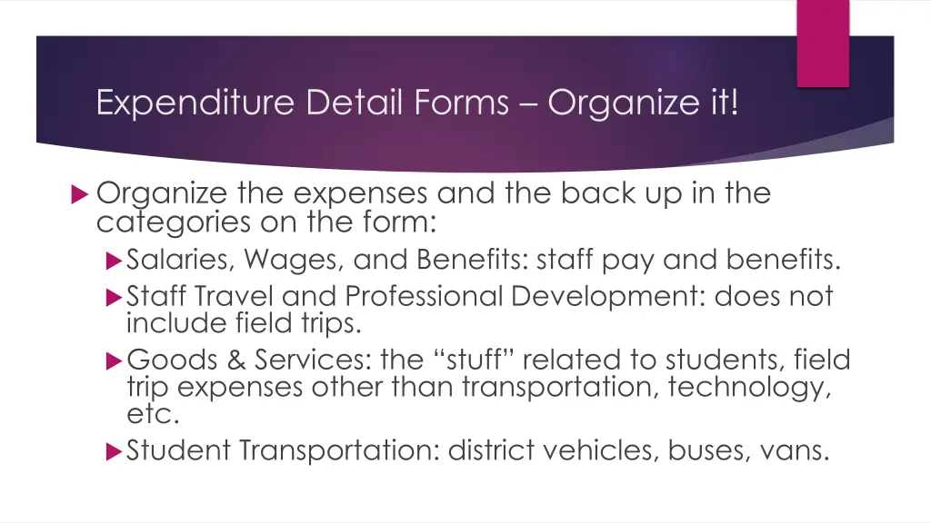 expenditure detail forms organize it