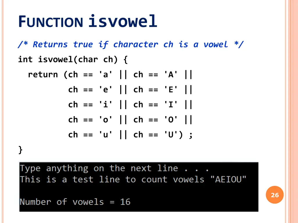 f unction isvowel