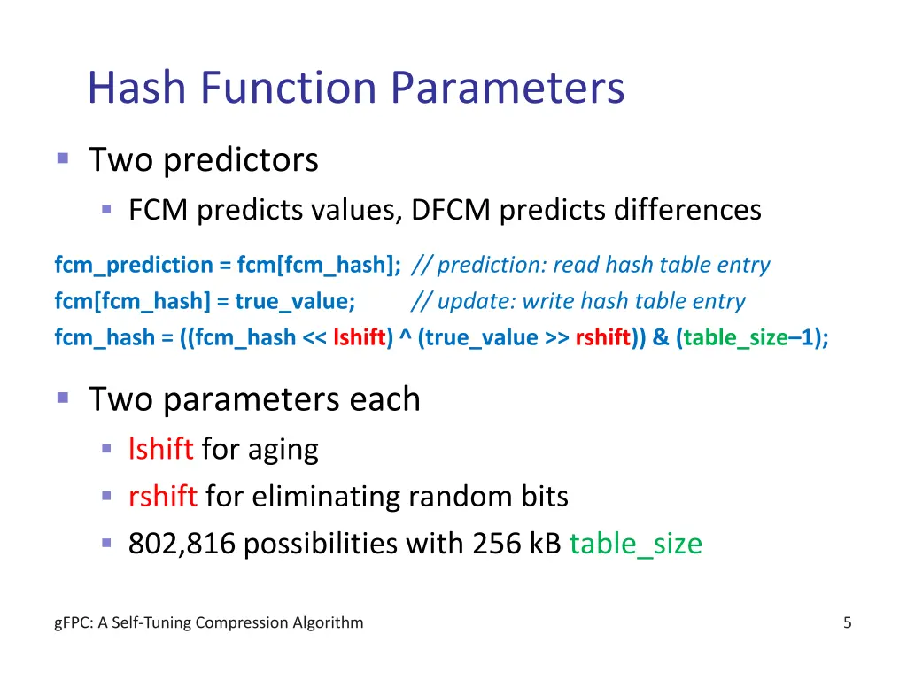 hash function parameters