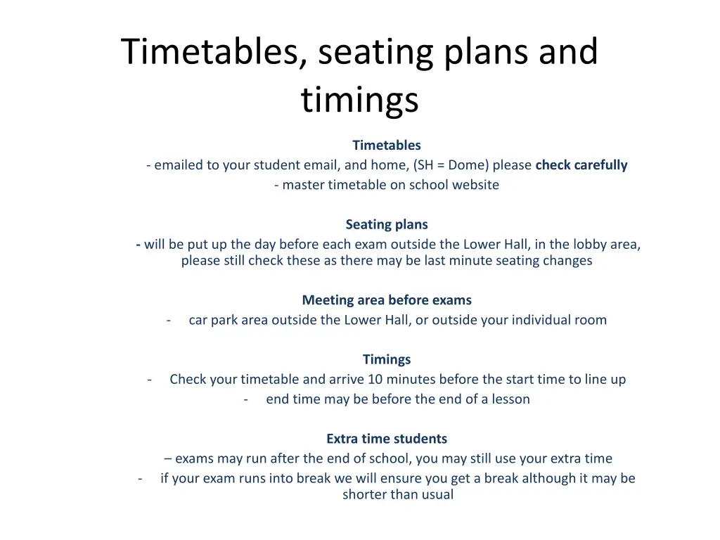 timetables seating plans and timings