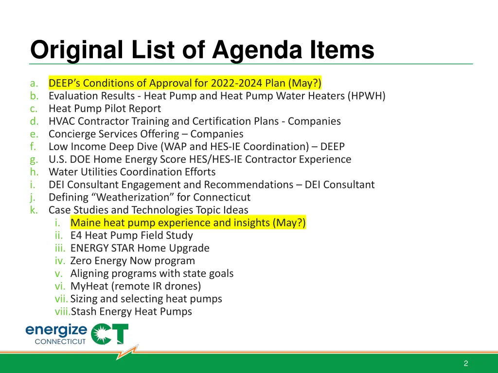 original list of agenda items