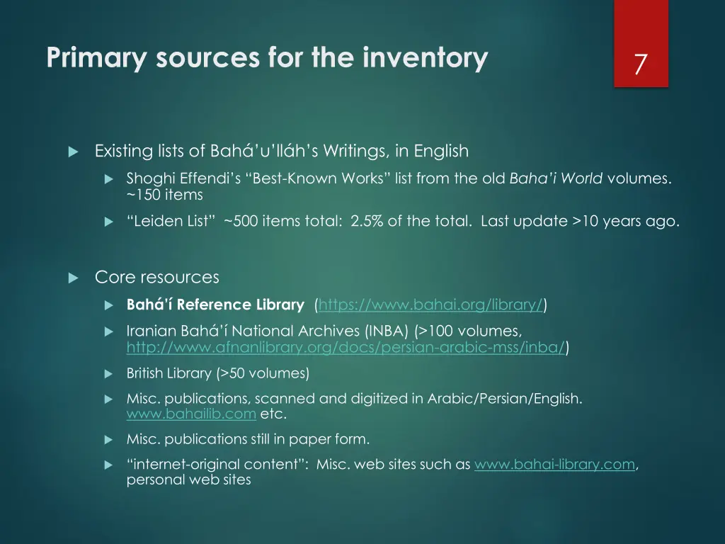 primary sources for the inventory