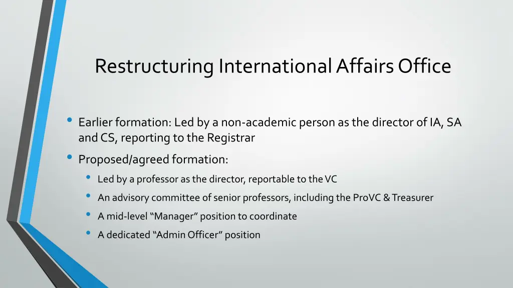restructuring international affairs office