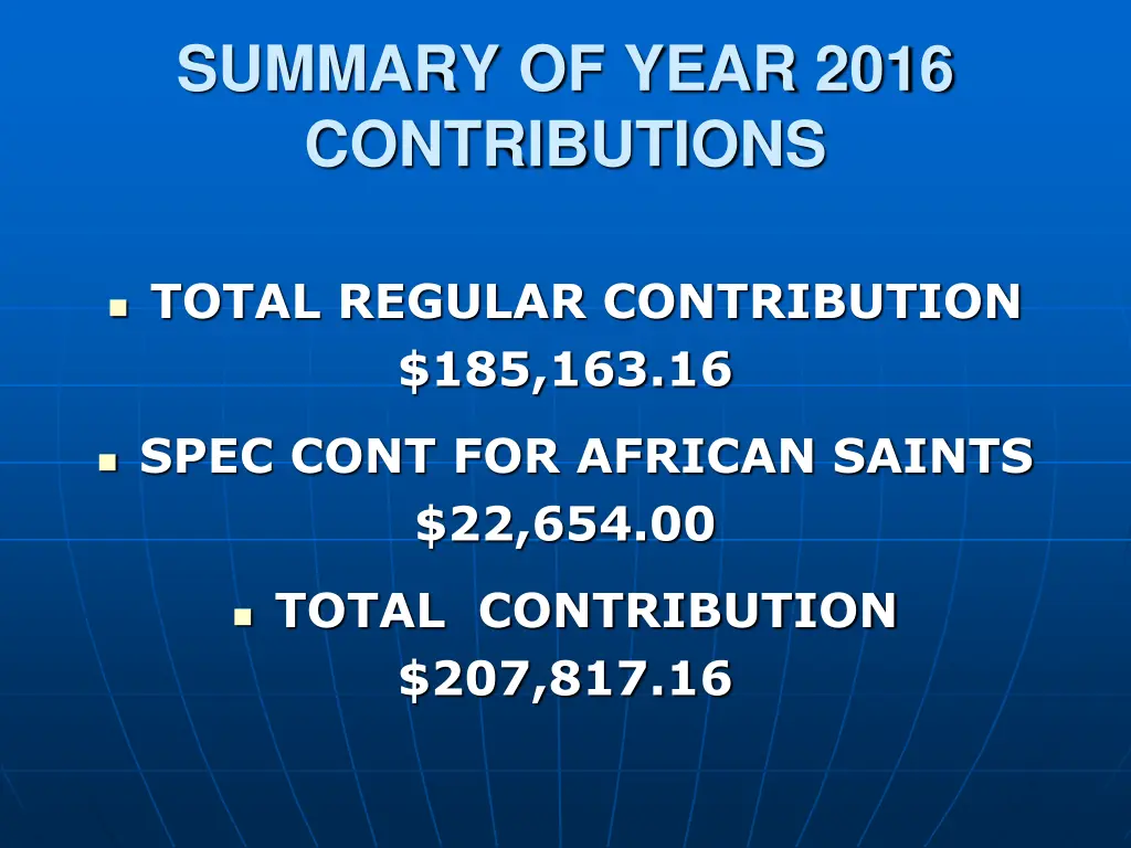 summary of year 2016 contributions