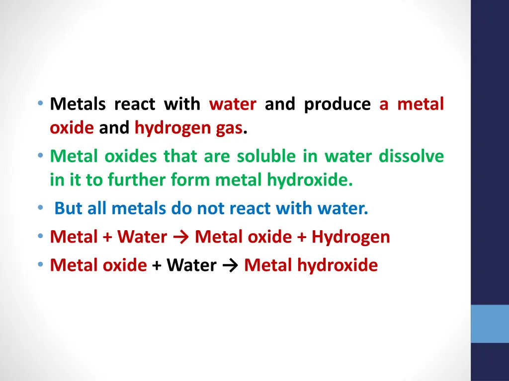metals react with water and produce a metal oxide