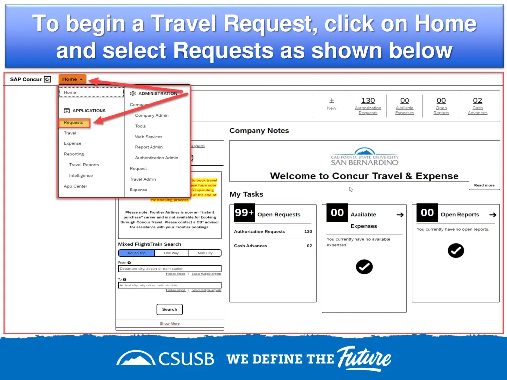 to begin a travel request click on home