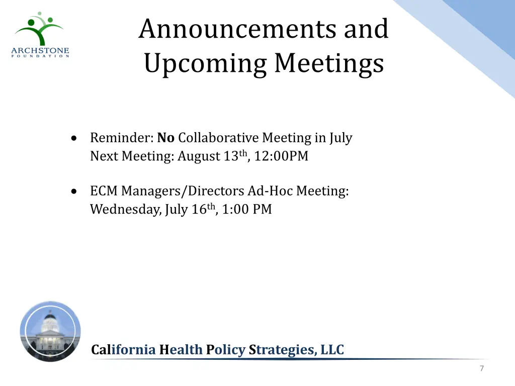 announcements and upcoming meetings
