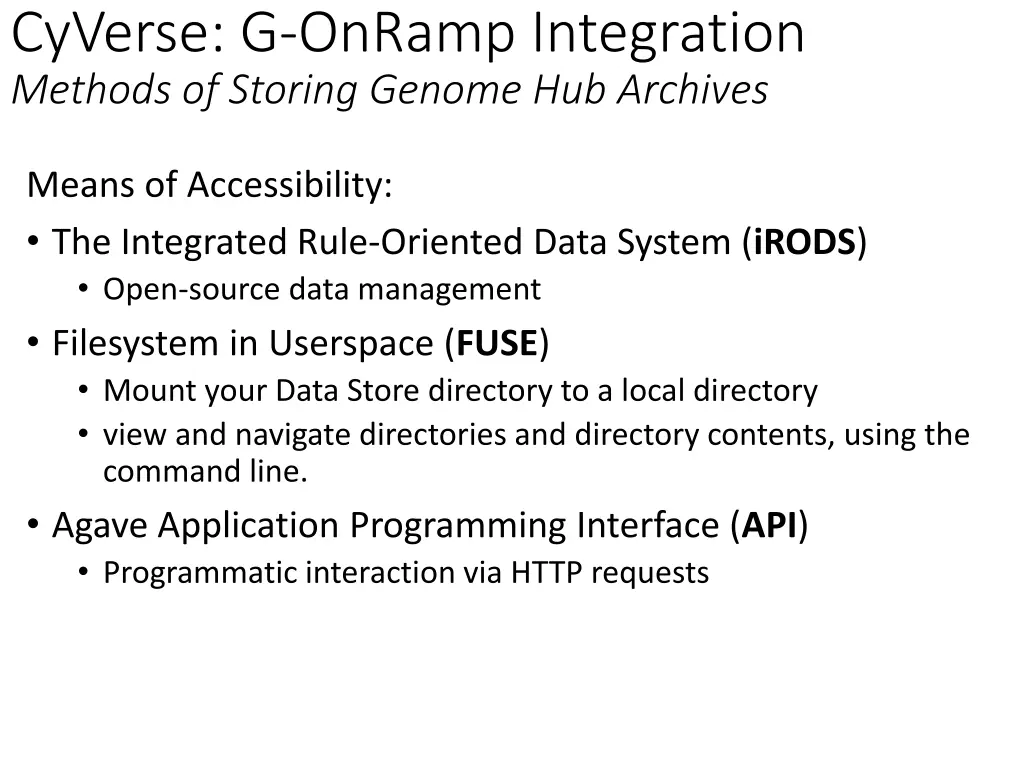 cyverse g onramp integration methods of storing
