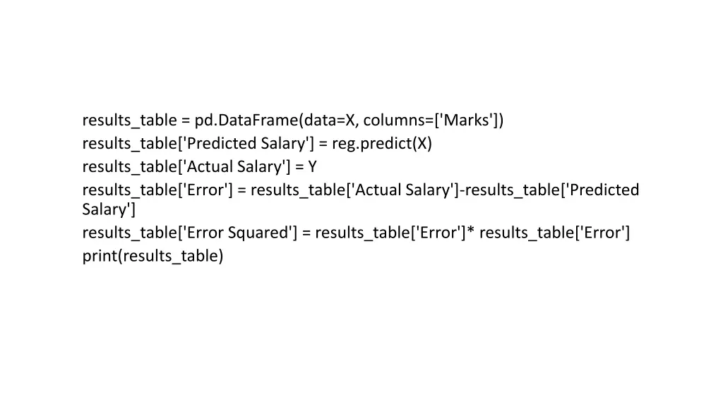 results table pd dataframe data x columns marks