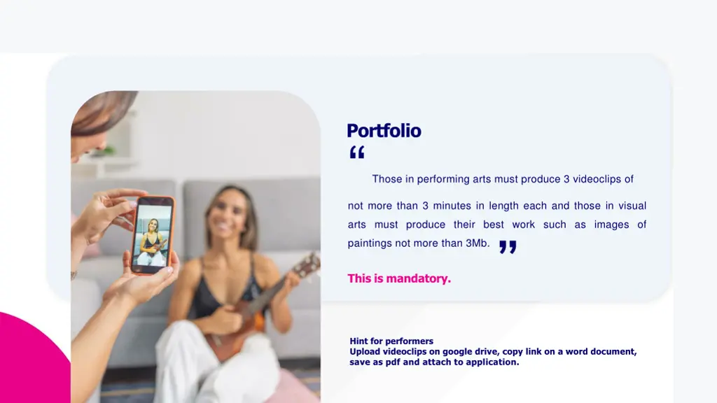 portfolio not more than 3 minutes in length each