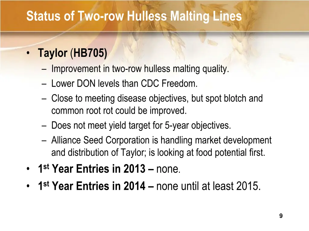 status of two row hulless malting lines