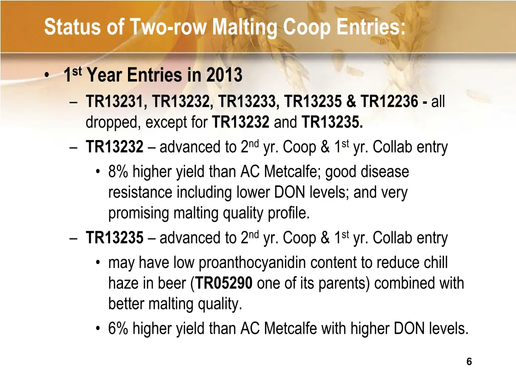 status of two row malting coop entries 1