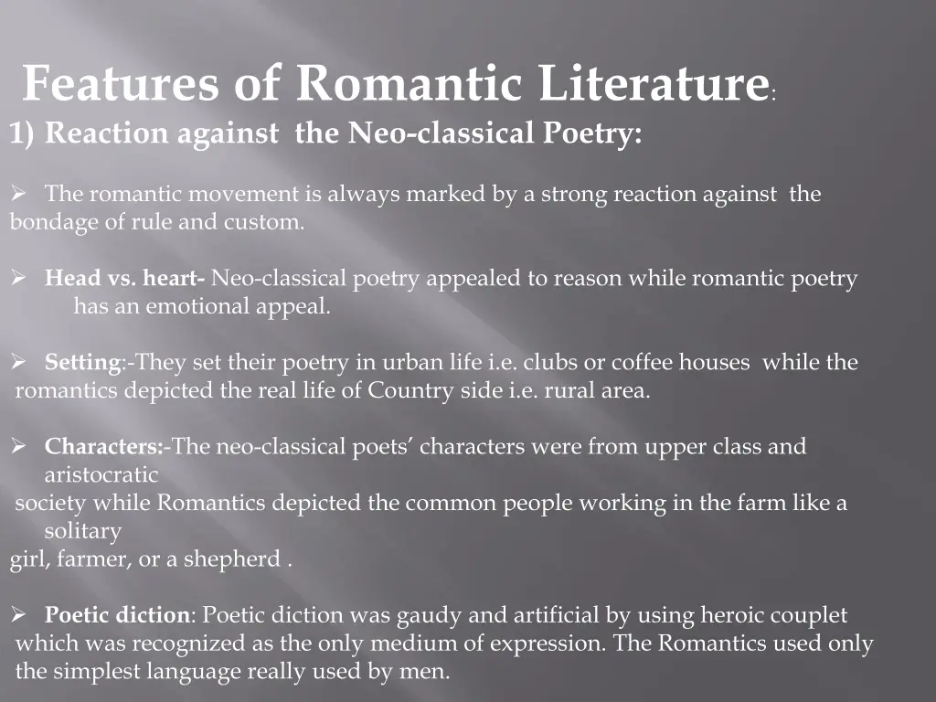 features of romantic literature 1 reaction