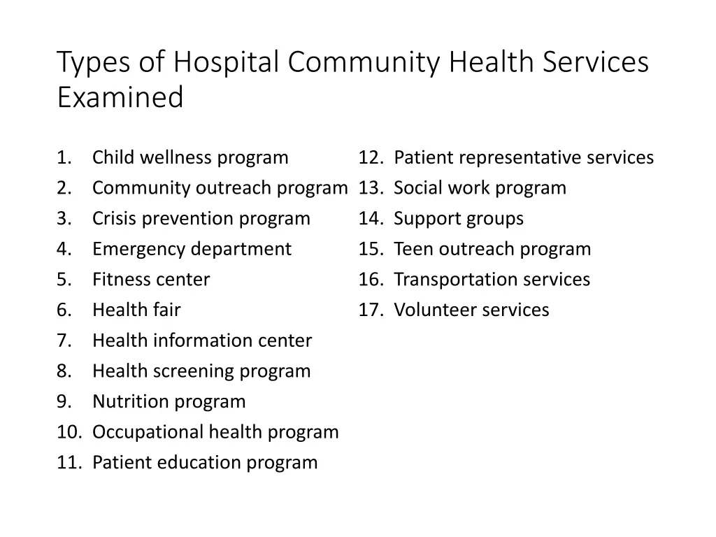 types of hospital community health services