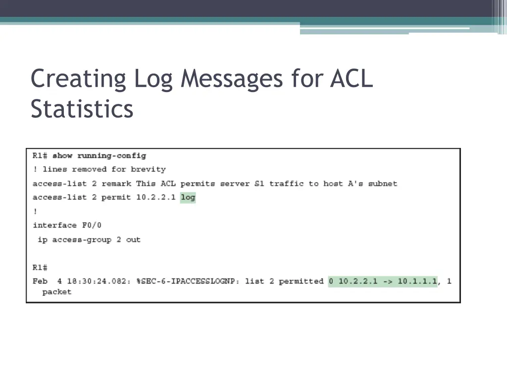 creating log messages for acl statistics