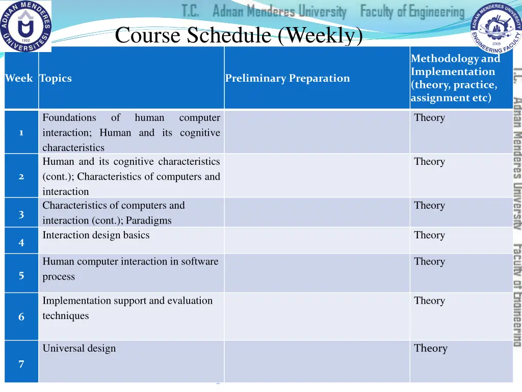 course schedule weekly