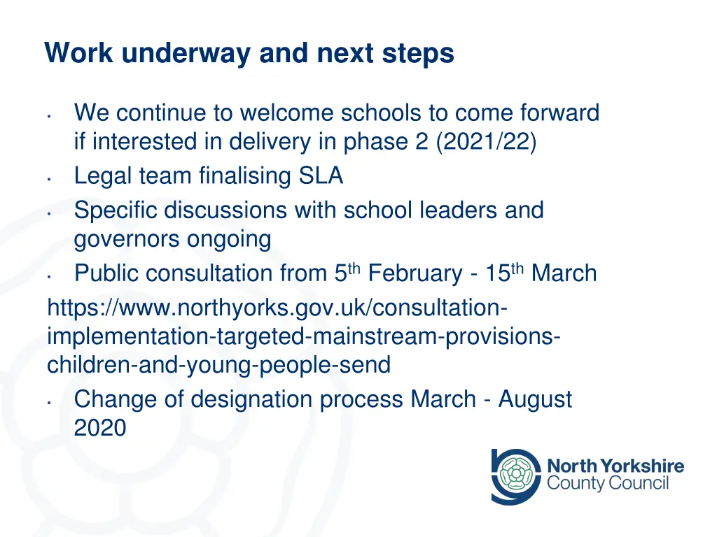 work underway and next steps