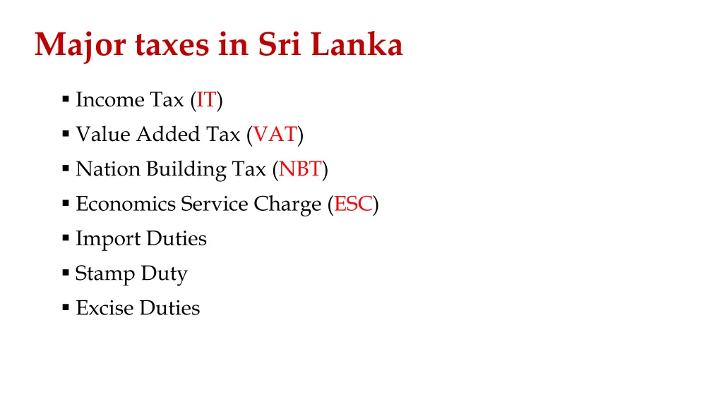 major taxes in sri lanka