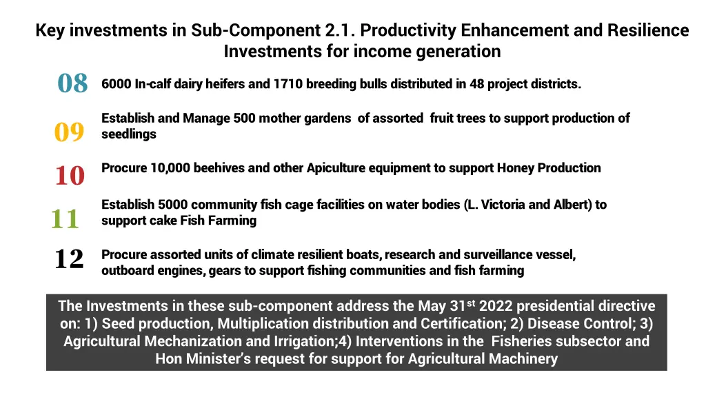 key investments in sub component 2 1 productivity 1