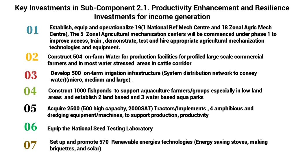key investments in sub component 2 1 productivity
