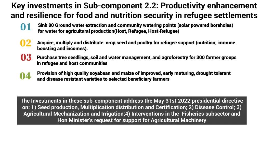 key investments in sub component 2 2 productivity