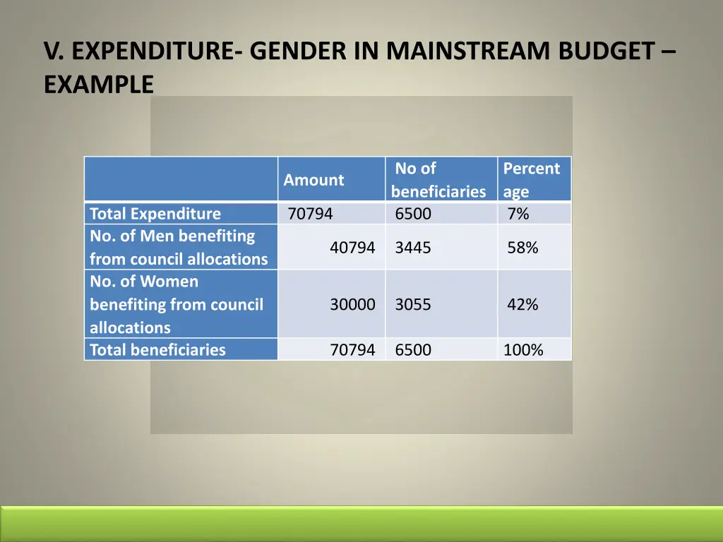v expenditure gender in mainstream budget example