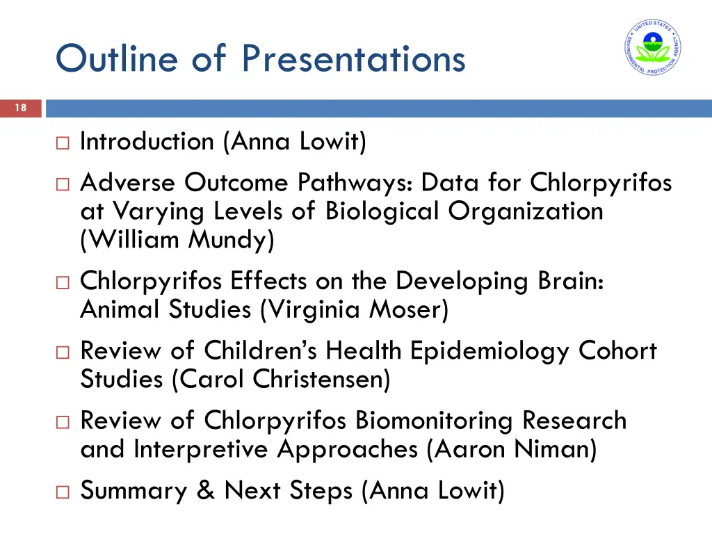 outline of presentations