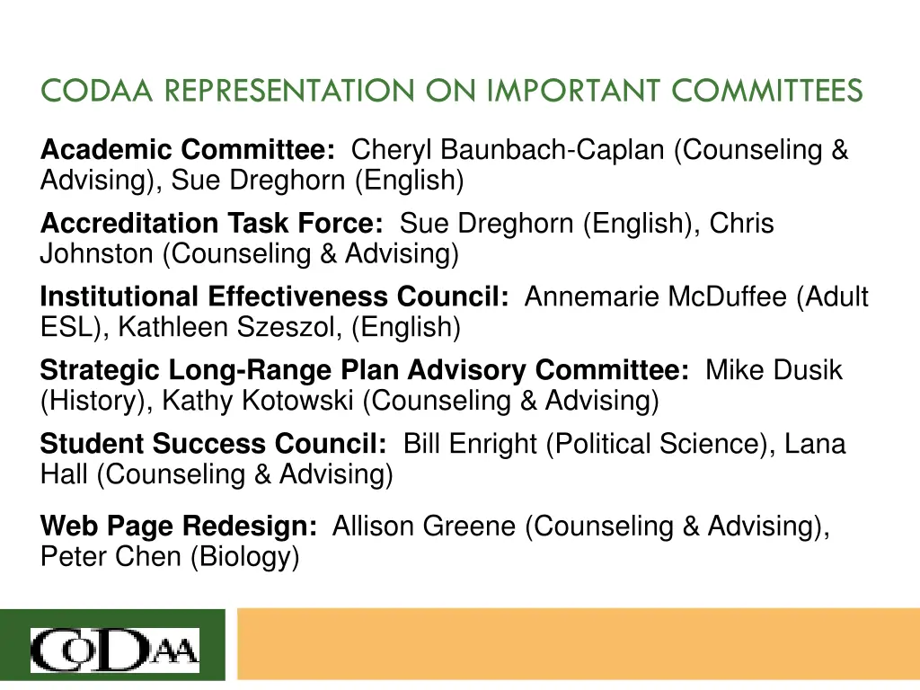 codaa representation on important committees