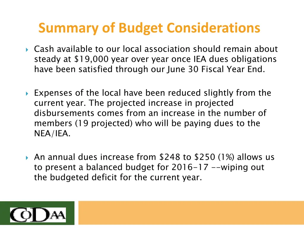 summary of budget considerations