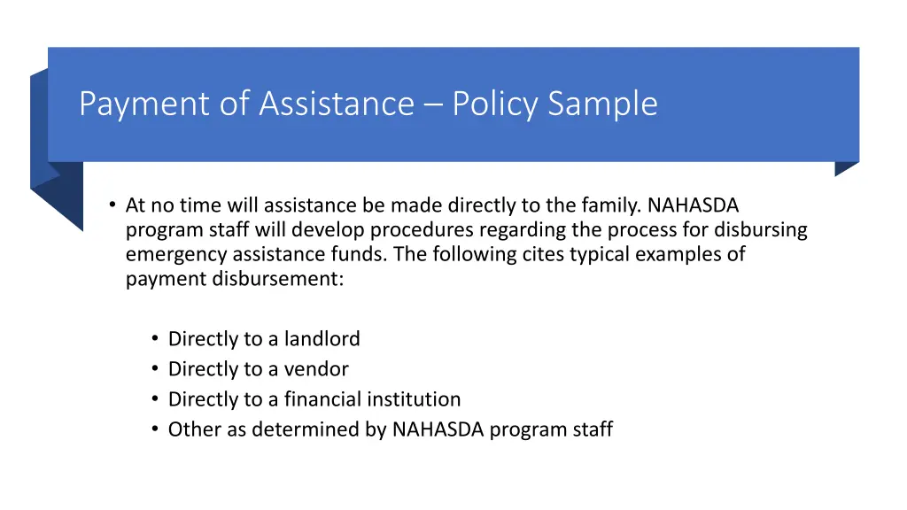 payment of assistance policy sample
