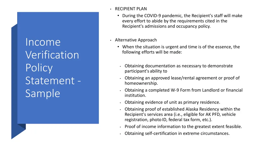 recipient plan during the covid 9 pandemic