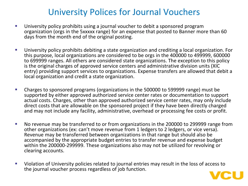 university polices for journal vouchers