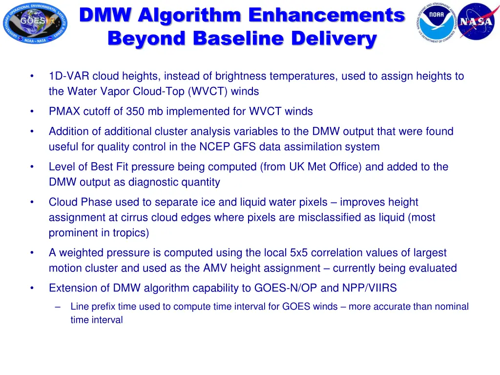 dmw algorithm enhancements beyond baseline