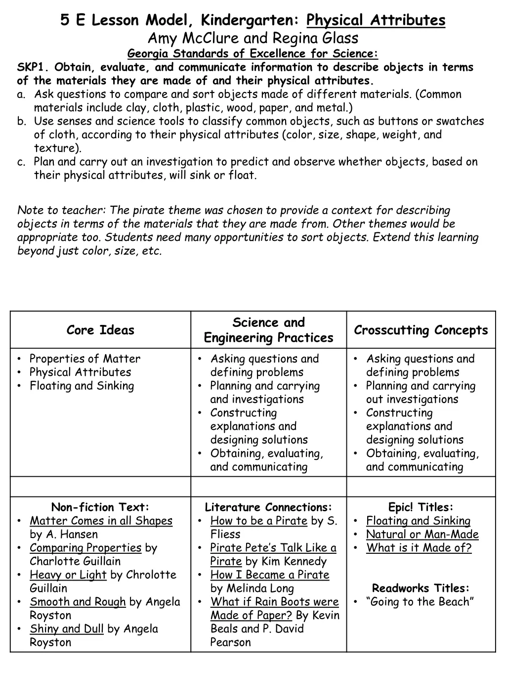 5 e lesson model kindergarten physical attributes