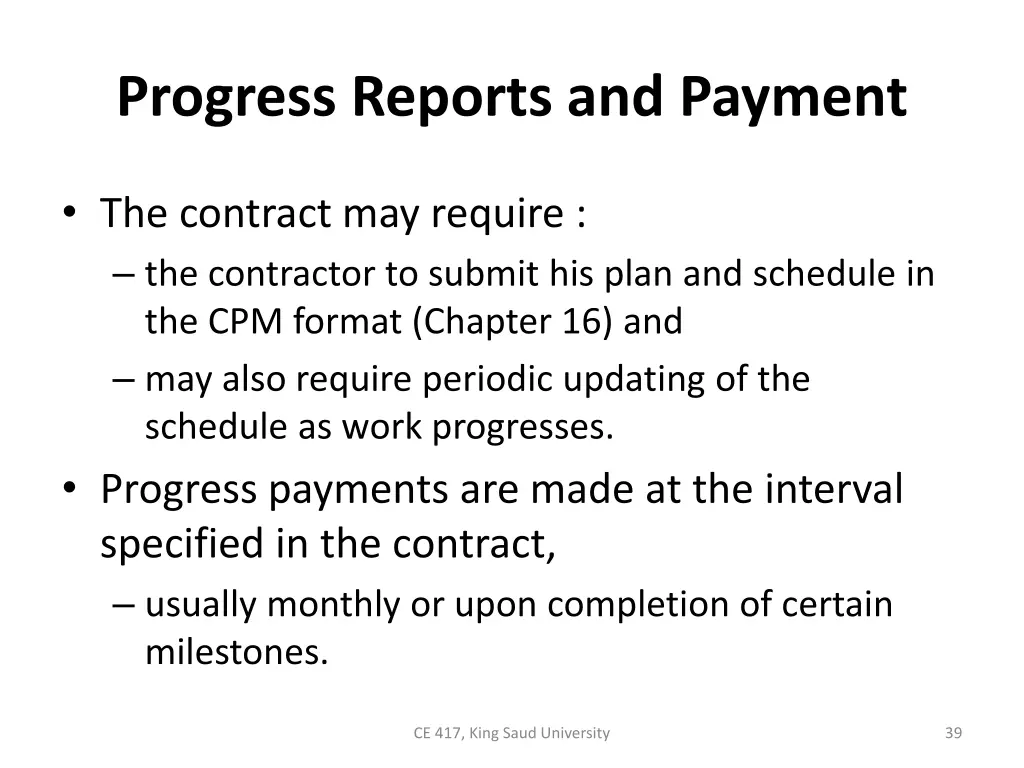 progress reports and payment