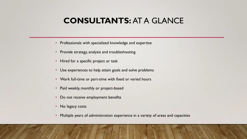 consultants at a glance